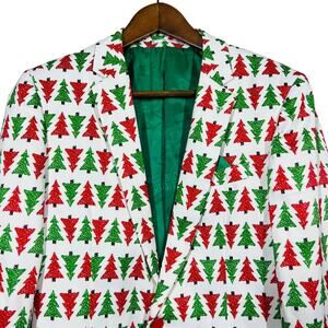 Suslo Couture Suits Christmas Blazer Tree Print White Red Green Lined - S